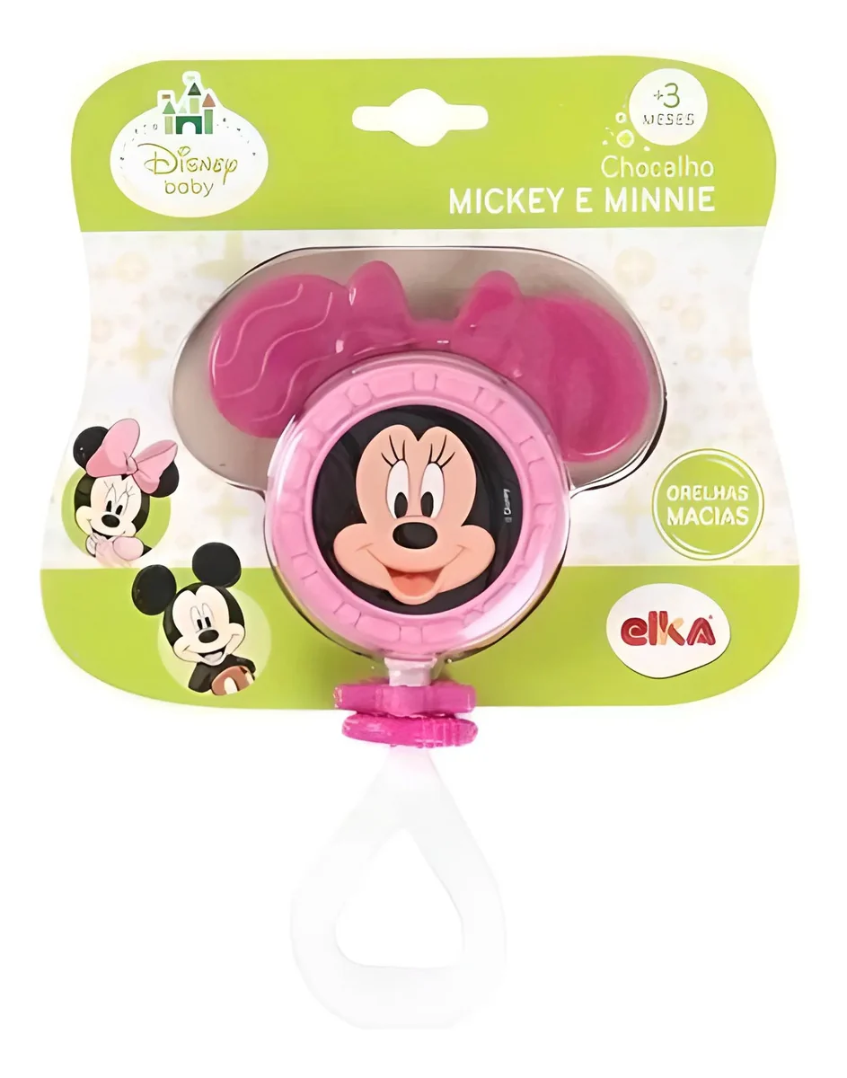 Chocalho e Mordedor Minnie Mouse Rattle Rosa Disney Meninas Bebê Elka - imagem 2