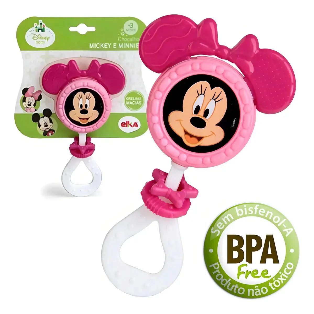 Chocalho e Mordedor Minnie Mouse Rattle Rosa Disney Meninas Bebê Elka - imagem 3
