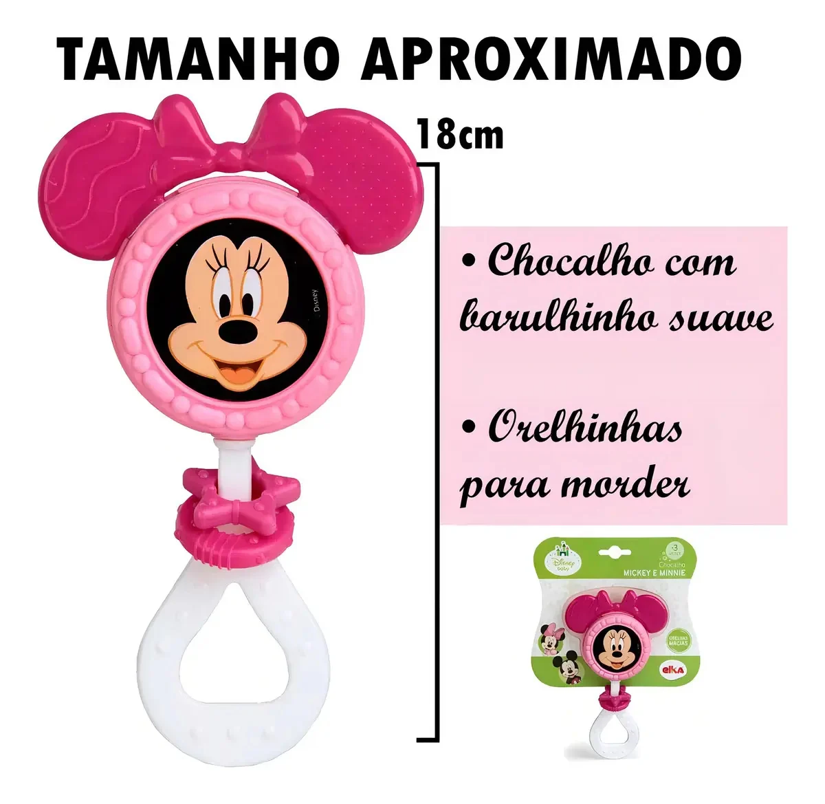 Chocalho e Mordedor Minnie Mouse Rattle Rosa Disney Meninas Bebê Elka - imagem 4