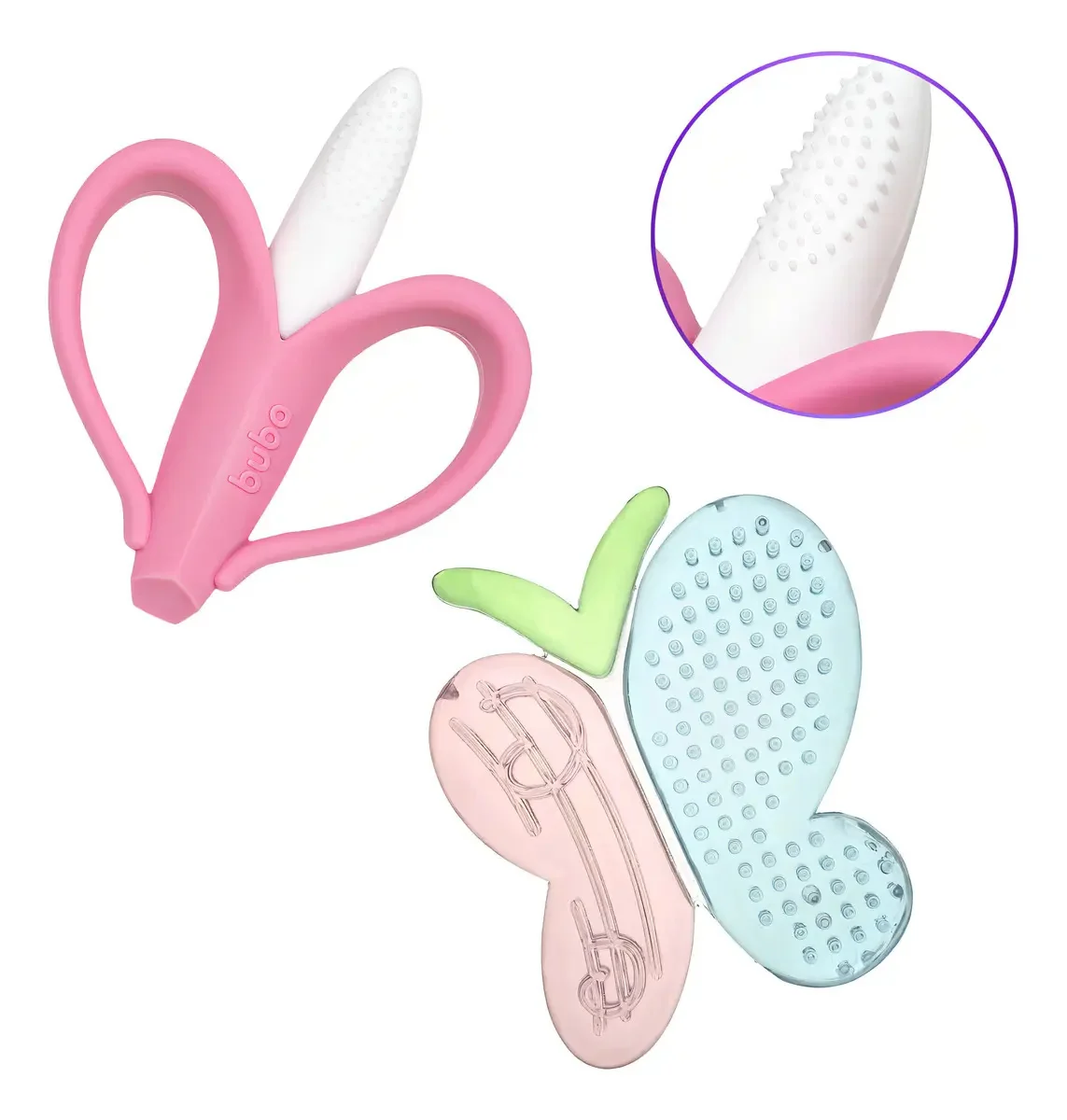 Kit 2 Mordedores Bebê Massageador De Gengiva Menina Buba Cor Rosa-claro Bananinha-borboleta
