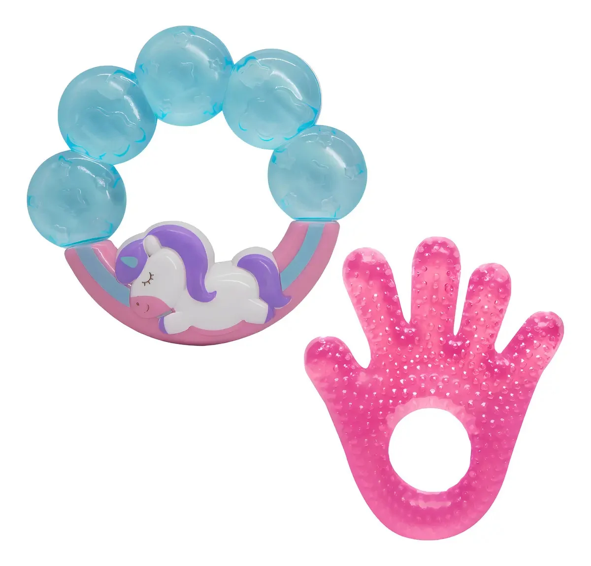 Kit 2 Mordedores Para Bebê Sensorial Gengiva Menina Buba Cor Rosa-claro Unicórnio - Mãozinha