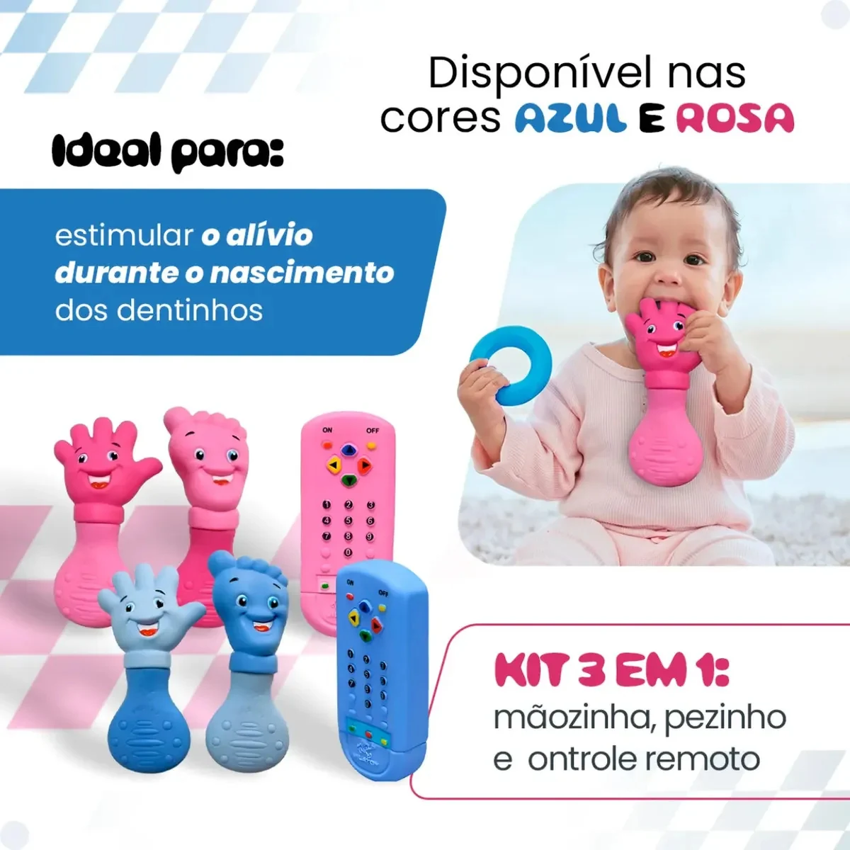 Kit 3 Mordedor Sensorial Recem Nascido Controle Remoto Borracha Babuu Brinquedos Educativos Azul - imagem 2