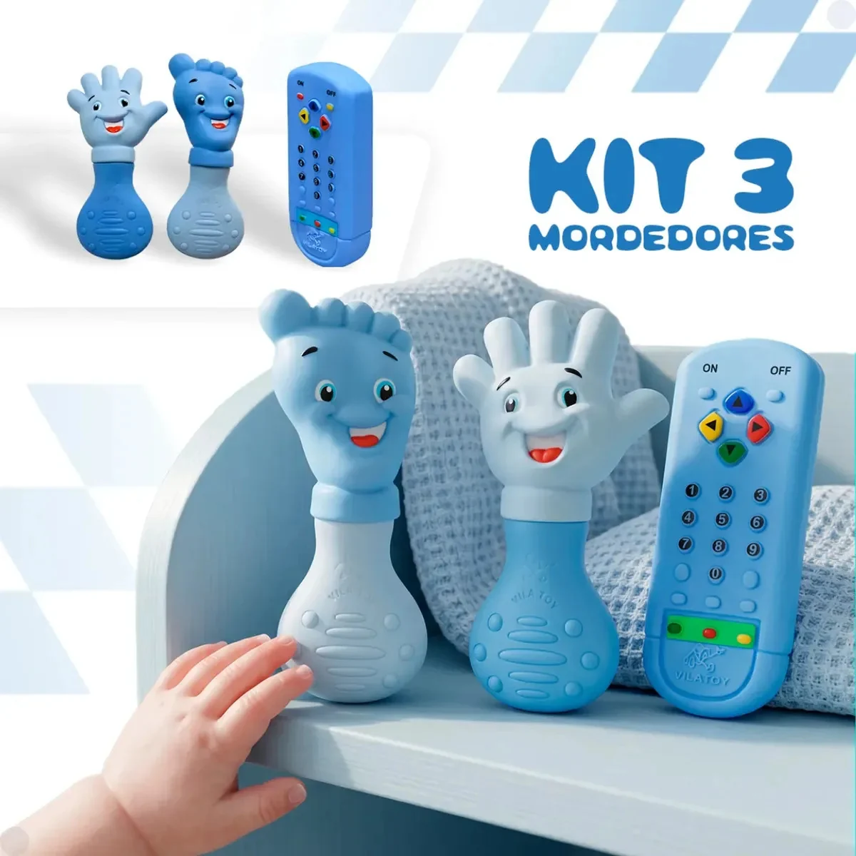Kit 3 Mordedor Sensorial Recem Nascido Controle Remoto Borracha Babuu Brinquedos Educativos Azul