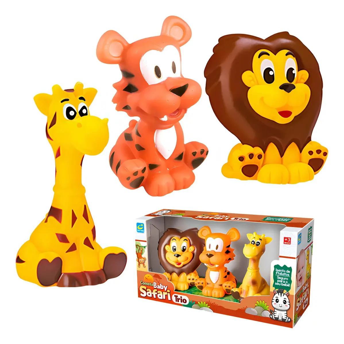 Kit 3 Mordedores Bebê Leão Girafa E Tigre Borracha Macio