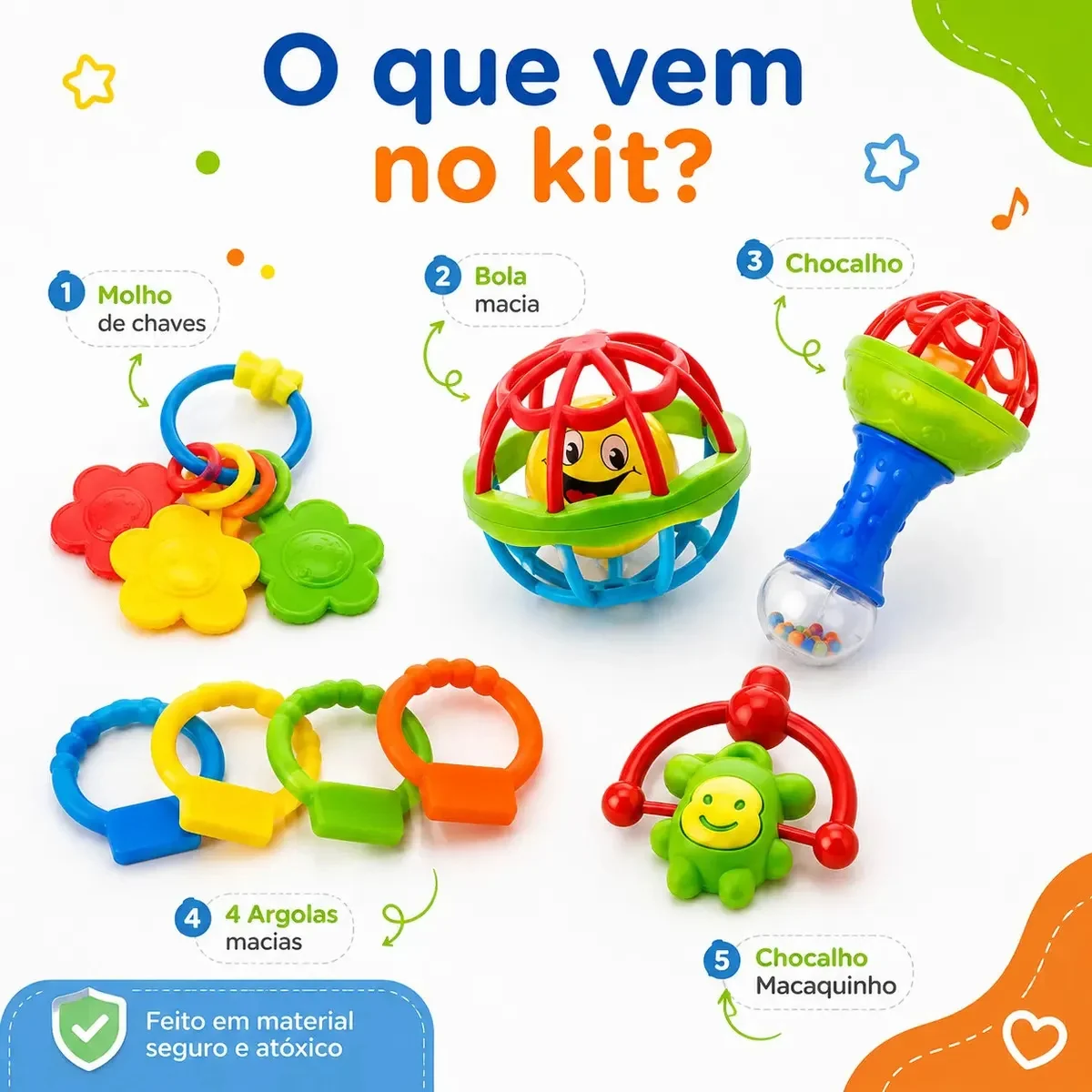 Kit Chocalho Bebe E Mordedores Para Recem Nascido 8 Peças Estímulo Sensorial Brinquedo Educativo - imagem 2