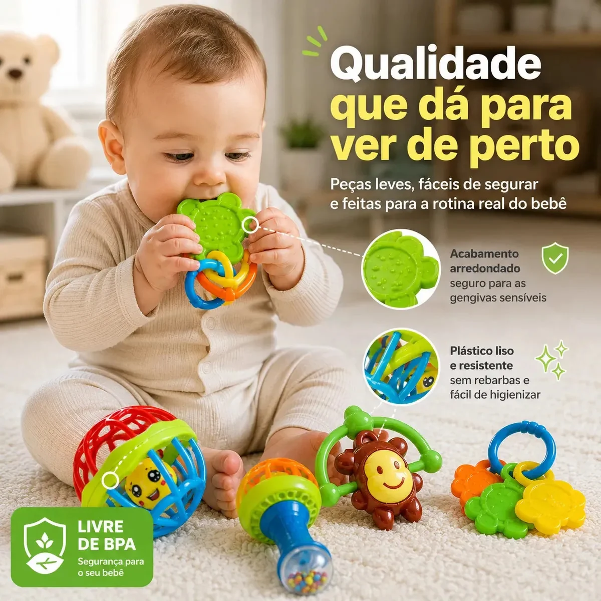 Kit Chocalho Bebe E Mordedores Para Recem Nascido 8 Peças Estímulo Sensorial Brinquedo Educativo - imagem 3