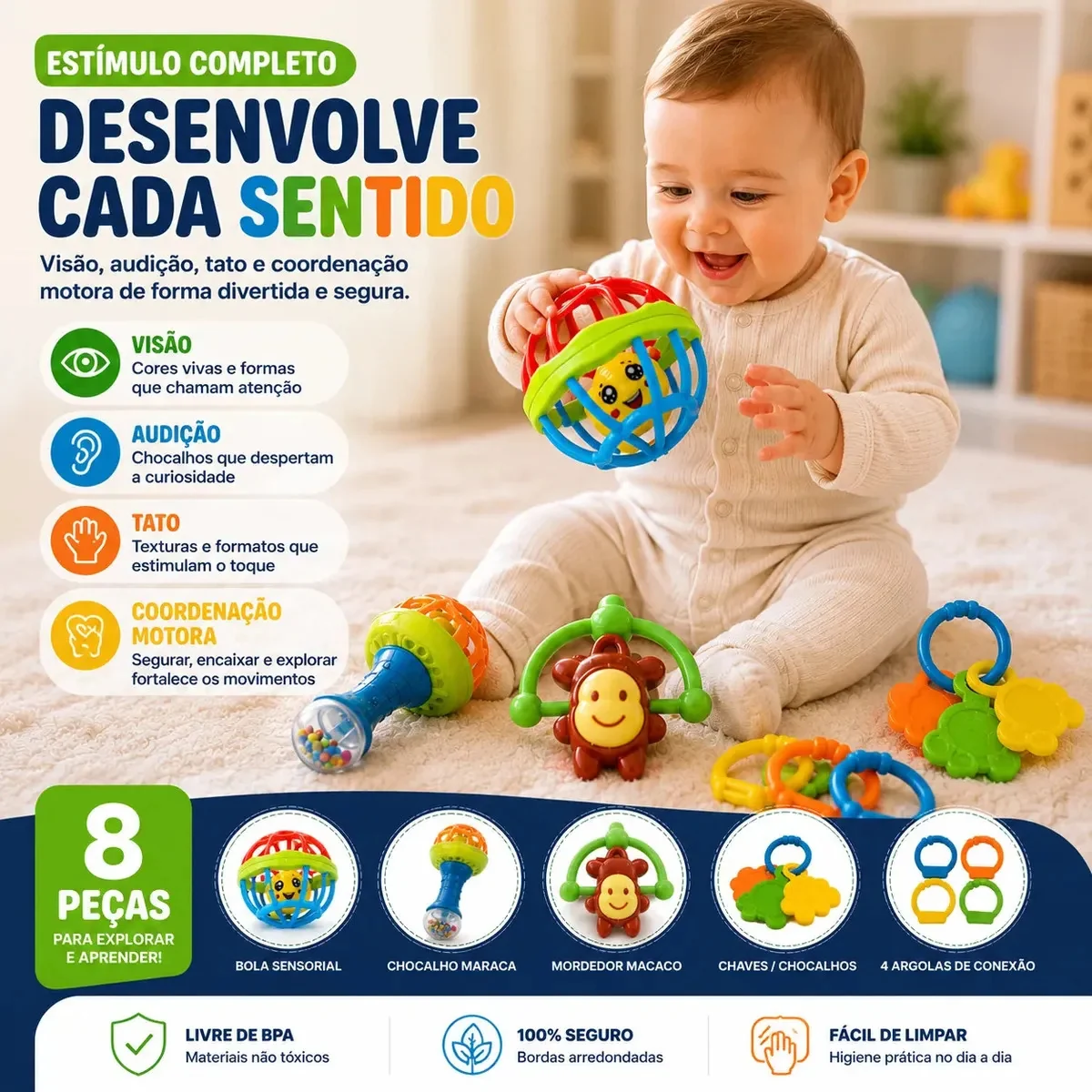 Kit Chocalho Bebe E Mordedores Para Recem Nascido 8 Peças Estímulo Sensorial Brinquedo Educativo - imagem 4