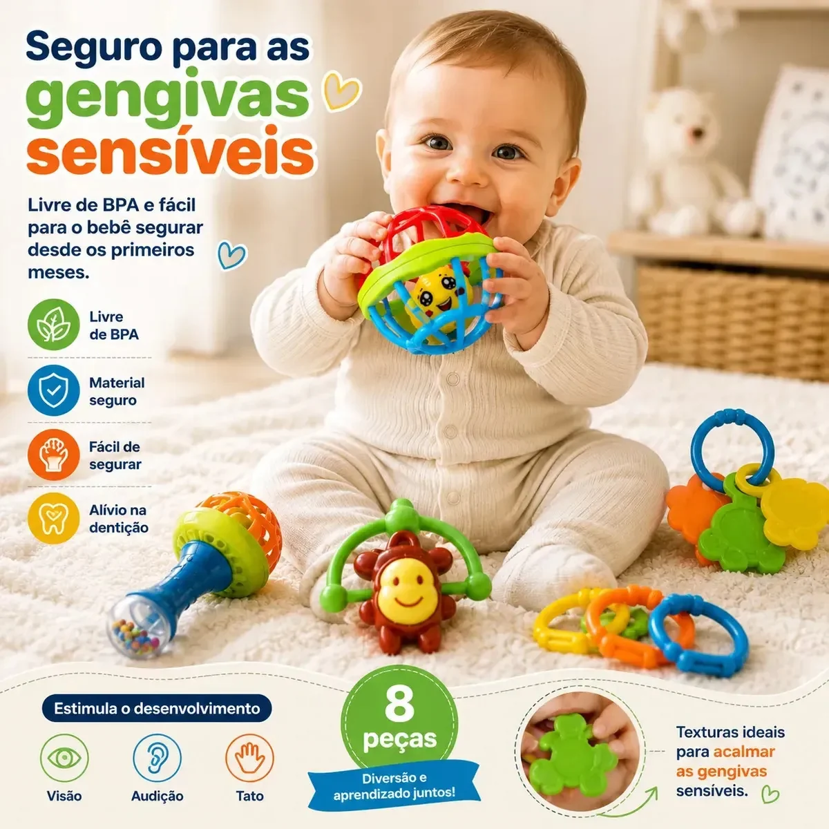 Kit Chocalho Bebe E Mordedores Para Recem Nascido 8 Peças Estímulo Sensorial Brinquedo Educativo - imagem 5