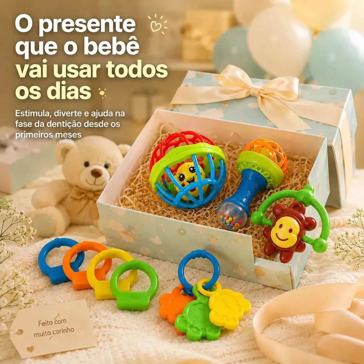 Kit Chocalho Bebe E Mordedores Para Recem Nascido 8 Peças Estímulo Sensorial Brinquedo Educativo - imagem 6