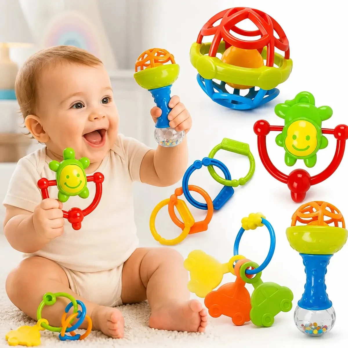 Kit Chocalho Bebe E Mordedores Para Recem Nascido 8 Peças Estímulo Sensorial Brinquedo Educativo