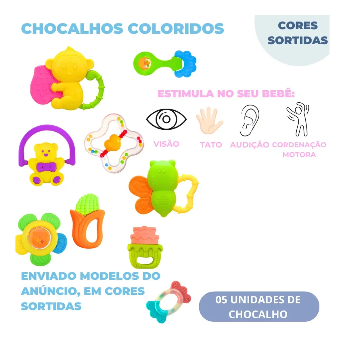 Kit Chocalho Mordedor Bebê Brinquedo Sensorial Musical 06pcs Sortidas Variados - imagem 2