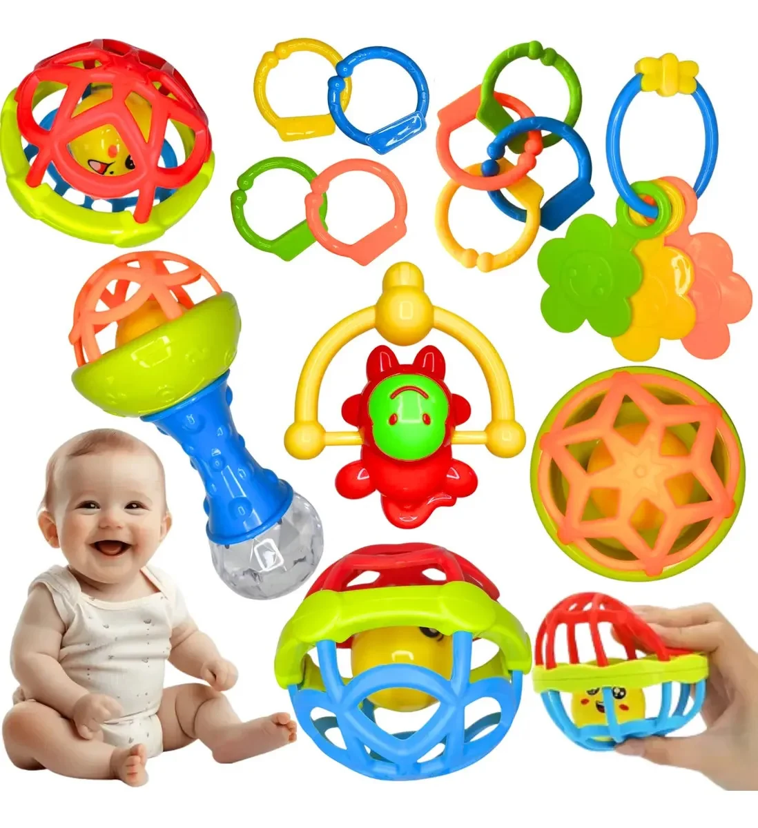Kit Chocalho Mordedor Sensorial Macio Bola Colorido 8 Peças Colorido Divertido Adidi Dêda