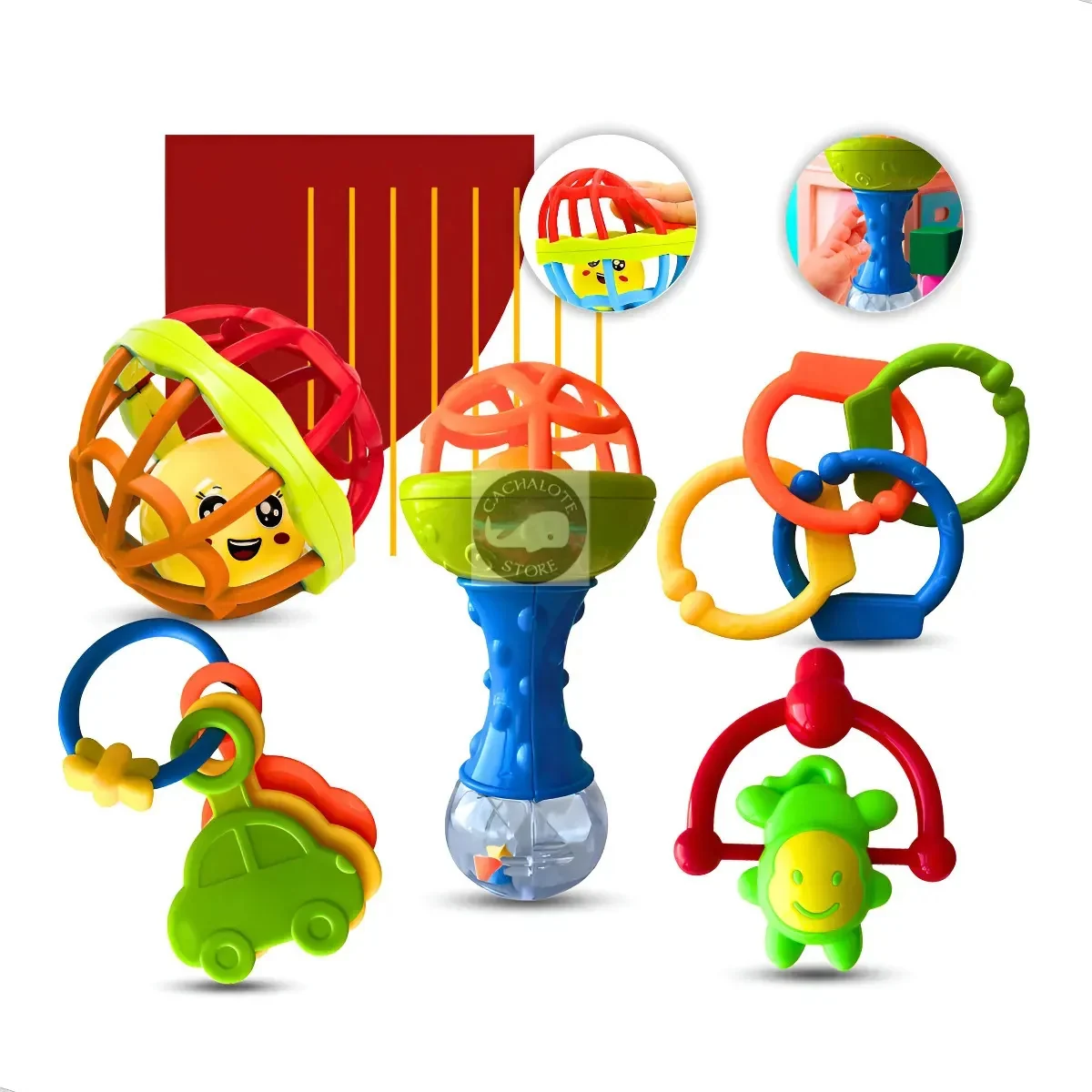 Kit Chocalho Mordedor Sensorial para Bebê 8 Peças Colorido