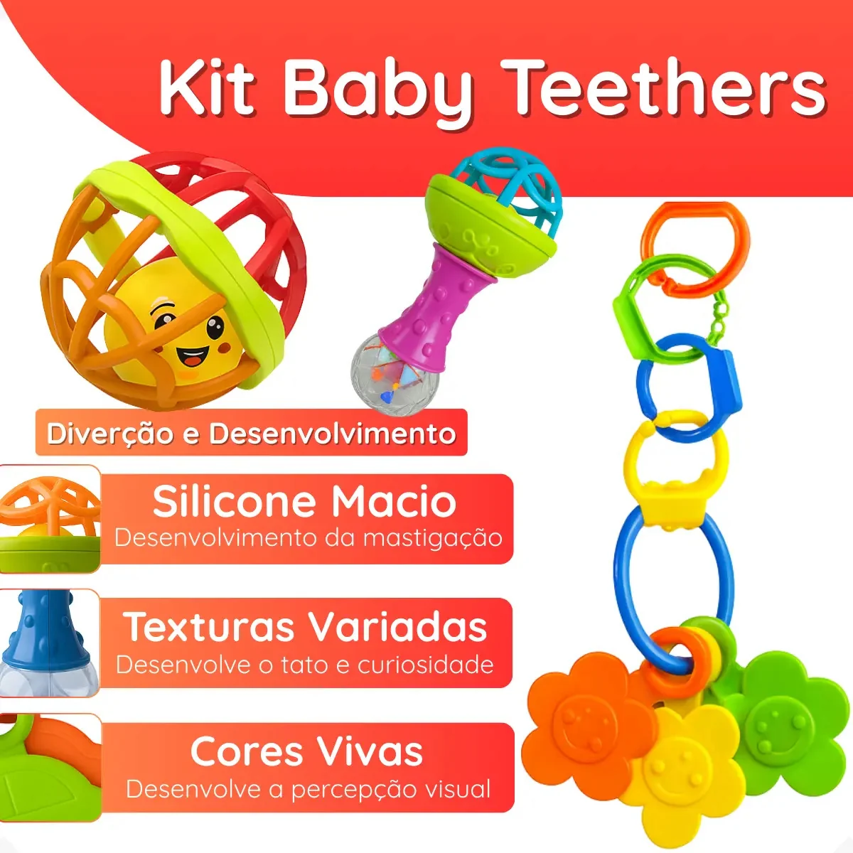 Kit Chocalhos 8 Peças P/ Bebe Mordedor Sensorial Colorido - imagem 2
