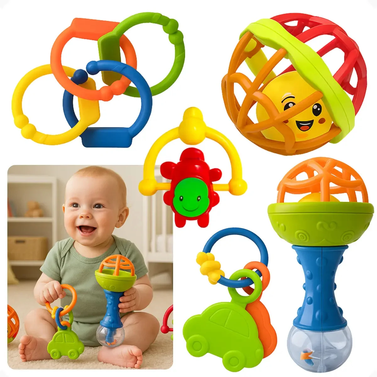 Kit Chocalhos 8 Peças P/ Bebe Mordedor Sensorial Colorido