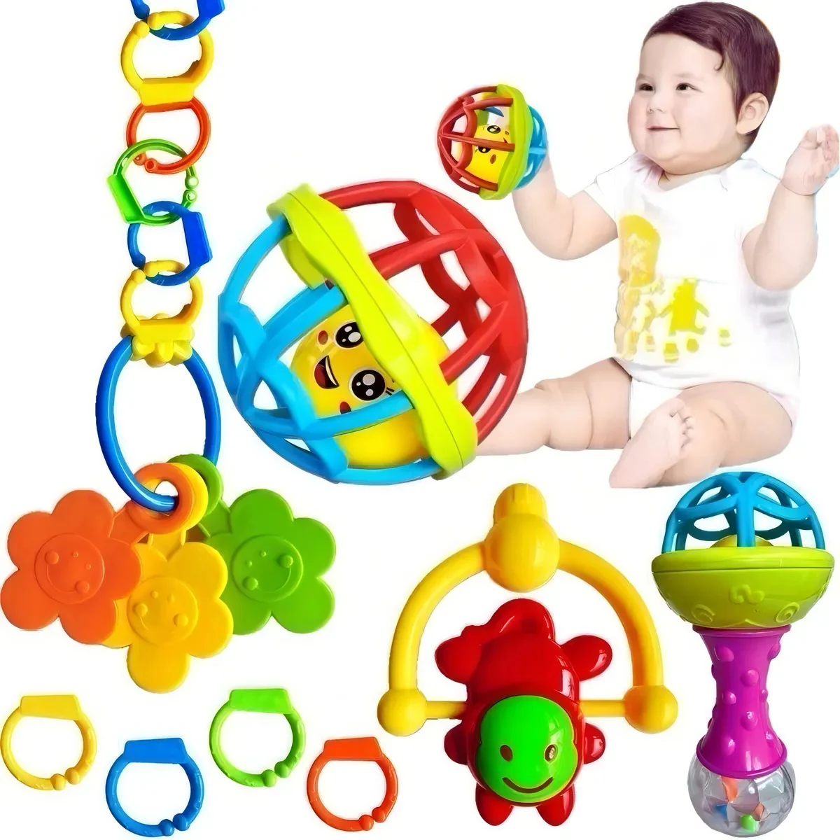 Kit Chocalhos E Mordedores Sensoriais Para Bebê Com 8 Peças Coloridas - imagem 2