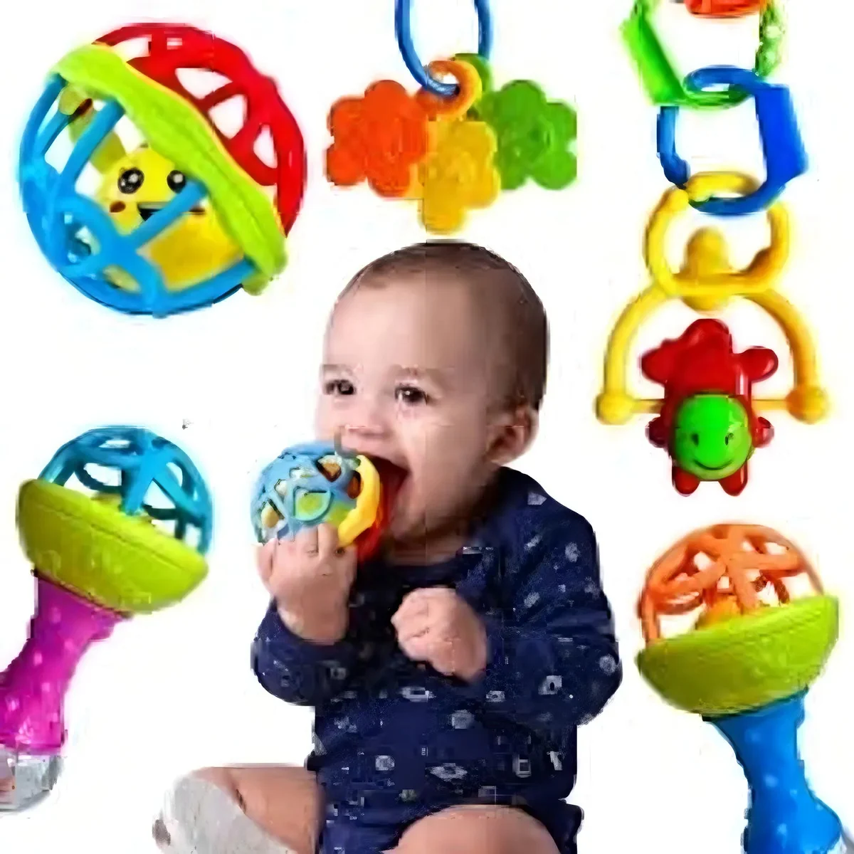 Kit Chocalhos E Mordedores Sensoriais Para Bebê Com 8 Peças Coloridas