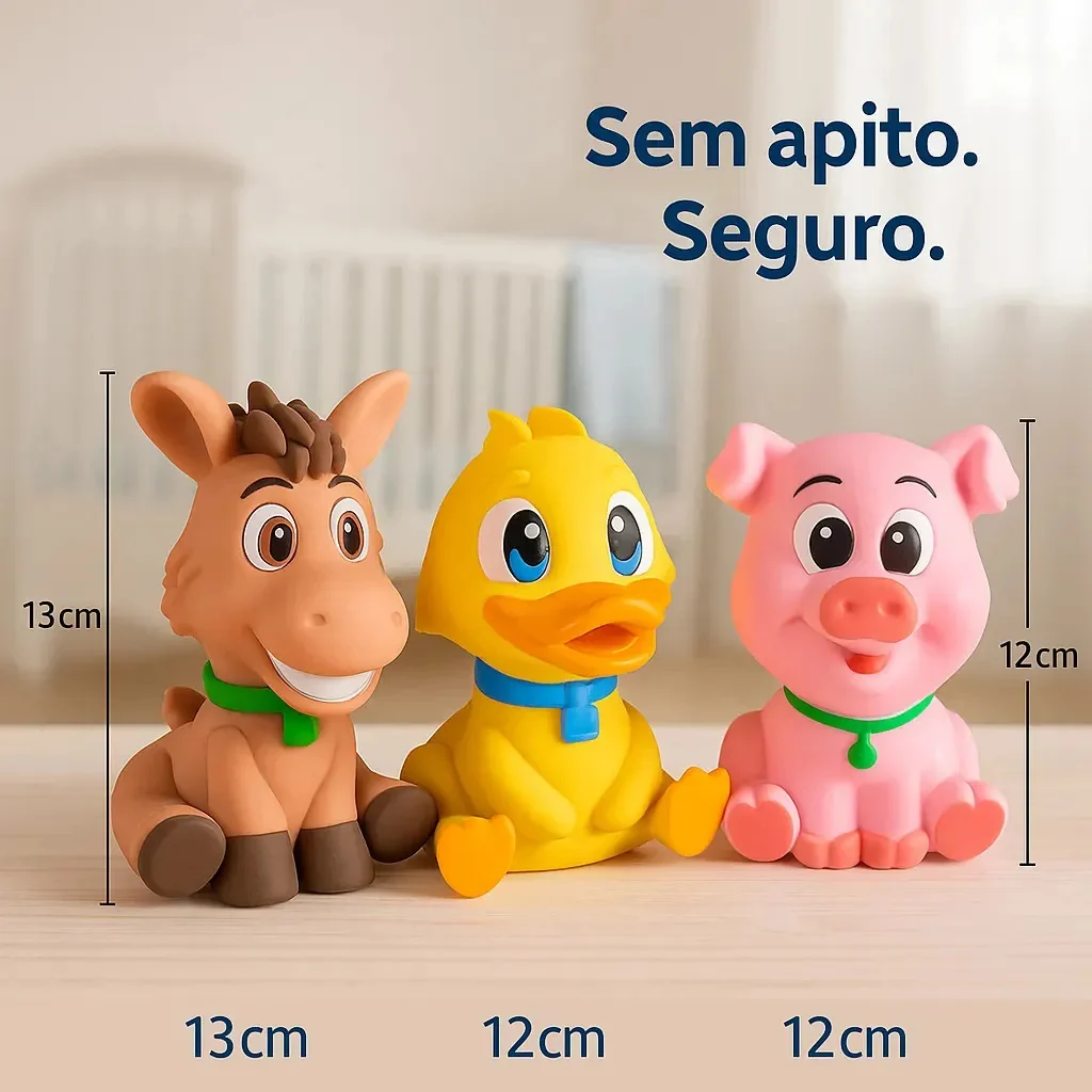 Mordedor Para Bebê Kit Completo 3 Unidades Macio Sensorial Infantil Vinil Atóxico Seguro sem apitos Bichinhos Patinho Porquinho Burrinho - imagem 2