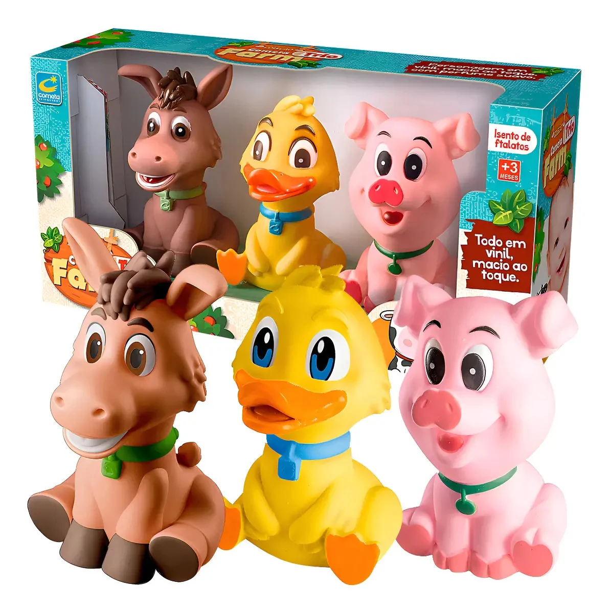 Mordedor Para Bebê Kit Completo 3 Unidades Macio Sensorial Infantil Vinil Atóxico Seguro sem apitos Bichinhos Patinho Porquinho Burrinho